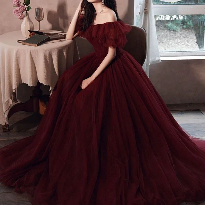 ️ウェディングドレス ワインレッド パーティードレス オフショルダー 結婚式 カクテルドレス 二次会花嫁発表会 ロングドレス ブライダル 演奏会 ドレス コンサート フォーマル ふんわり 1324