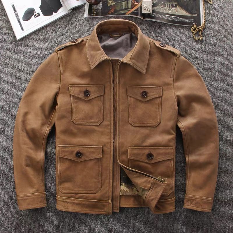 h 美式ヴィンテージ 無塗り龟裂カーフ 本革レザージャケット メンズ 頭層小牛革 ハンティング×ライダース アメカジ 秋冬