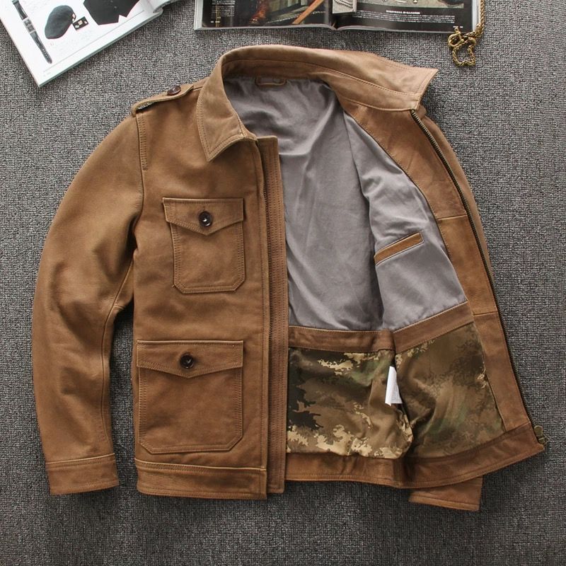 h 美式ヴィンテージ 無塗り龟裂カーフ 本革レザージャケット メンズ 頭層小牛革 ハンティング×ライダース アメカジ 秋冬