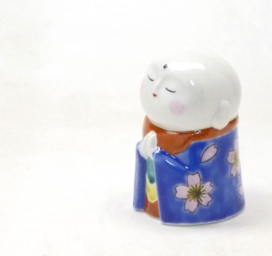 メーカー直送 【焼き塗装桐箱台付き】九谷焼 お地蔵様 地蔵 幸運 置物 ブルー地桜 ピンクほっぺ ハート 裏書 小 2.5号