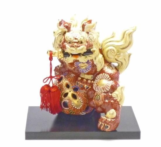 メーカー直送 九谷焼 獅子 唐獅子 剣獅子 幸運 置物 デコ盛 茶 6号
