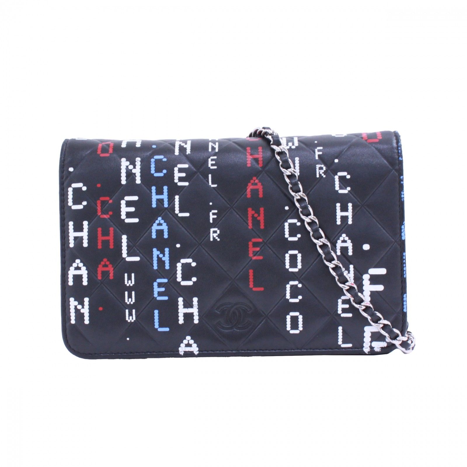 CHANEL シャネル チェーンウォレット タイポグラフィー ショルダーバッグ レザー ブラック マルチ レディース