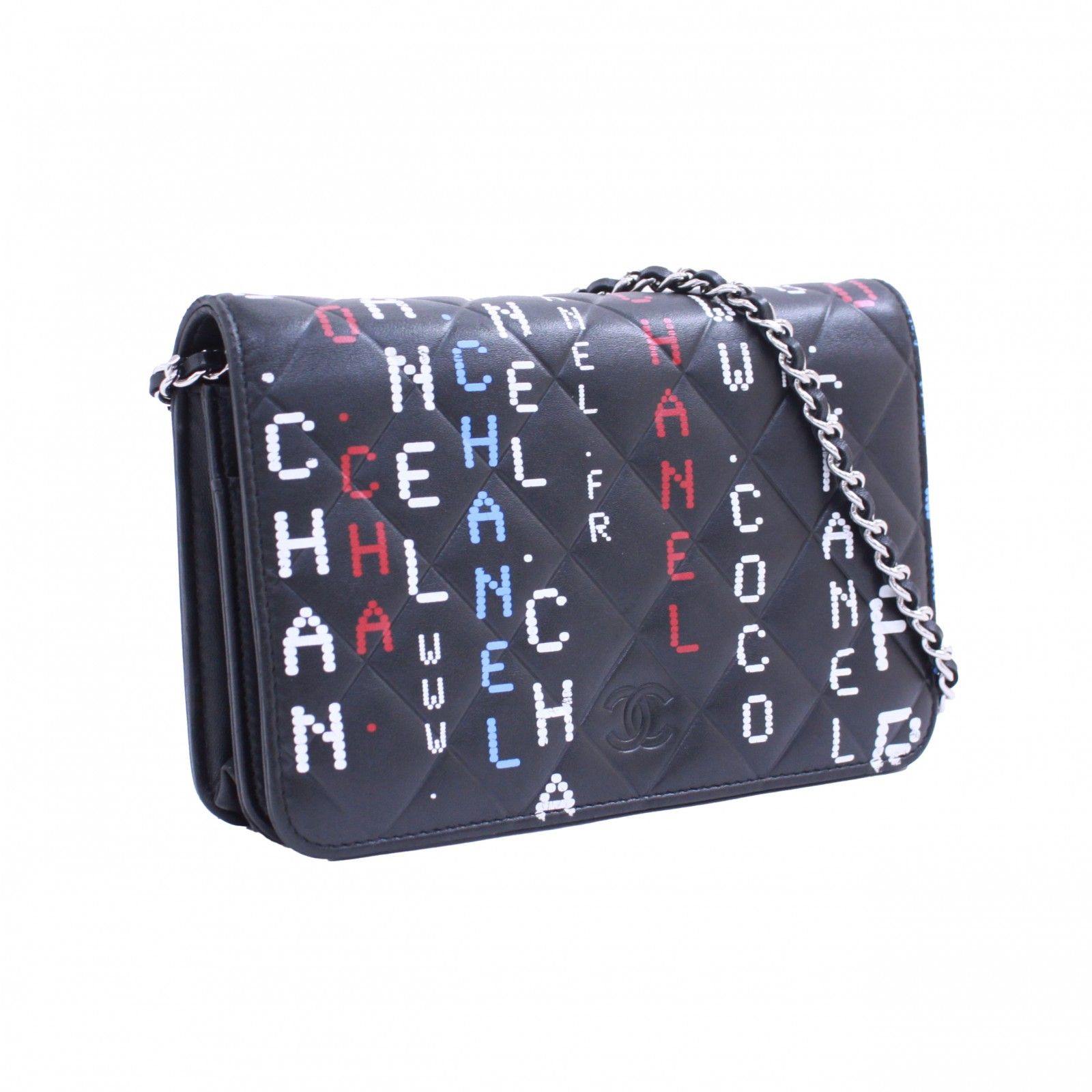 CHANEL シャネル チェーンウォレット タイポグラフィー ショルダーバッグ レザー ブラック マルチ レディース