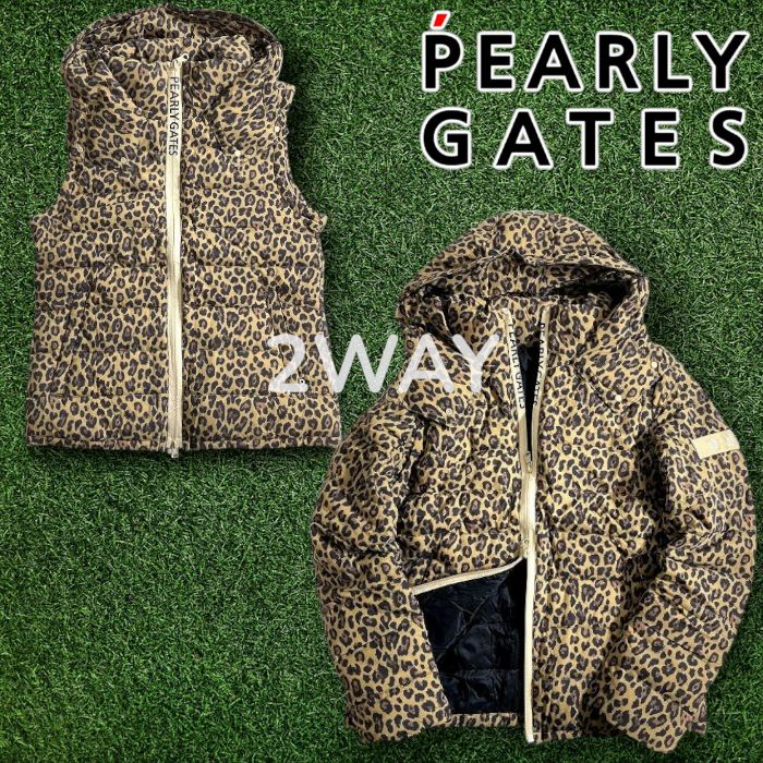 パーリーゲイツ ゴルフ 撥水 防風 レオパード柄 ヒョウ柄 メカニカルストレッチ 2way フーディ ダウンベスト ダウンジャケット プレイダウン ゴルフウェア レディース 055-2220004 定価5.1万 ミックスブラウン 057 51106w07