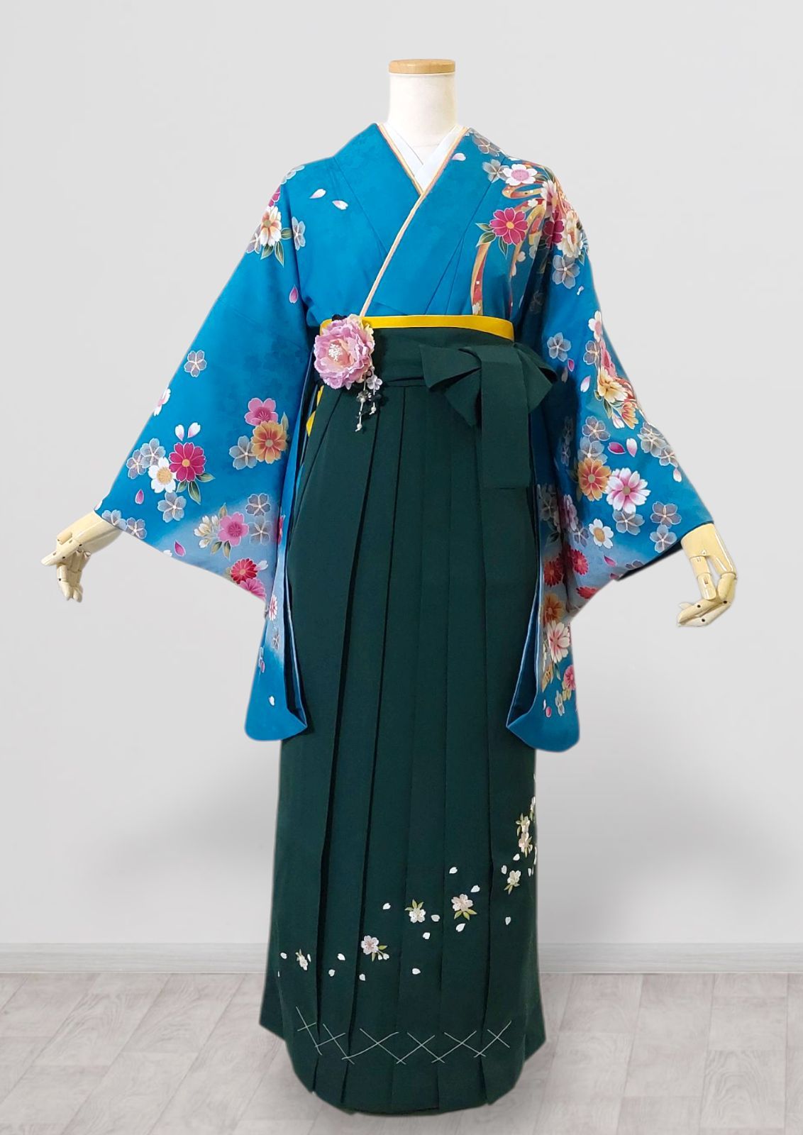 着物 袴 帯 3点セット 卒業式 に レディース袴セット 成人式 卒業式に 華やか和装 ターコイズブルー ブルー 青系 花柄 桜 刺繍 95 40