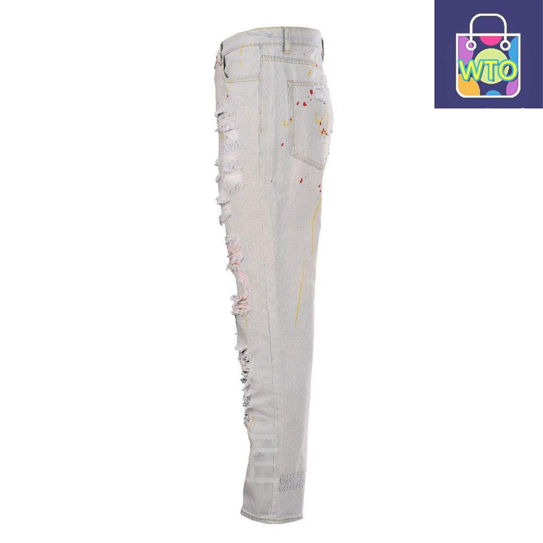 今日 Drew House ドリューハウス テディベアスマイル破れスプラッシュジーンズシリーズ 12.2oz全棉厚地 手作スプラッシュ 青