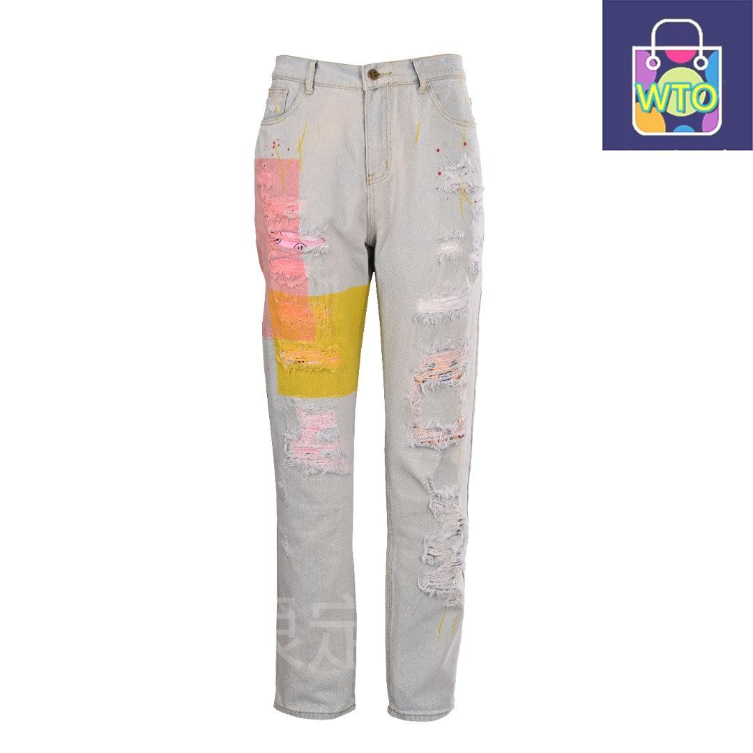 今日 Drew House ドリューハウス テディベアスマイル破れスプラッシュジーンズシリーズ 12.2oz全棉厚地 手作スプラッシュ 青