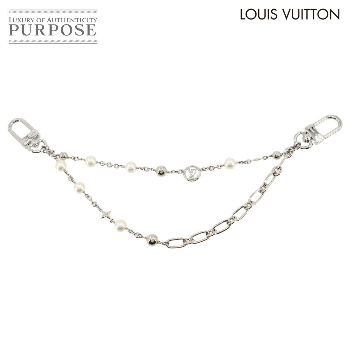 ルイ ヴィトン LOUIS VUITTON バッグチャーム ミッドナイト パール チェーン シルバー ホワイト M02758 90300608