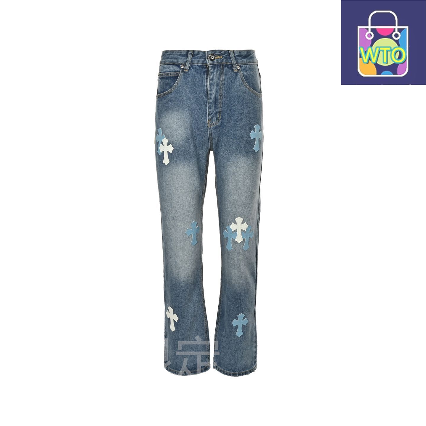 今日 Chrome Hearts クロムハーツ 背面サンスクリット十字レザーアップリケジーンズ ストレートシルエット