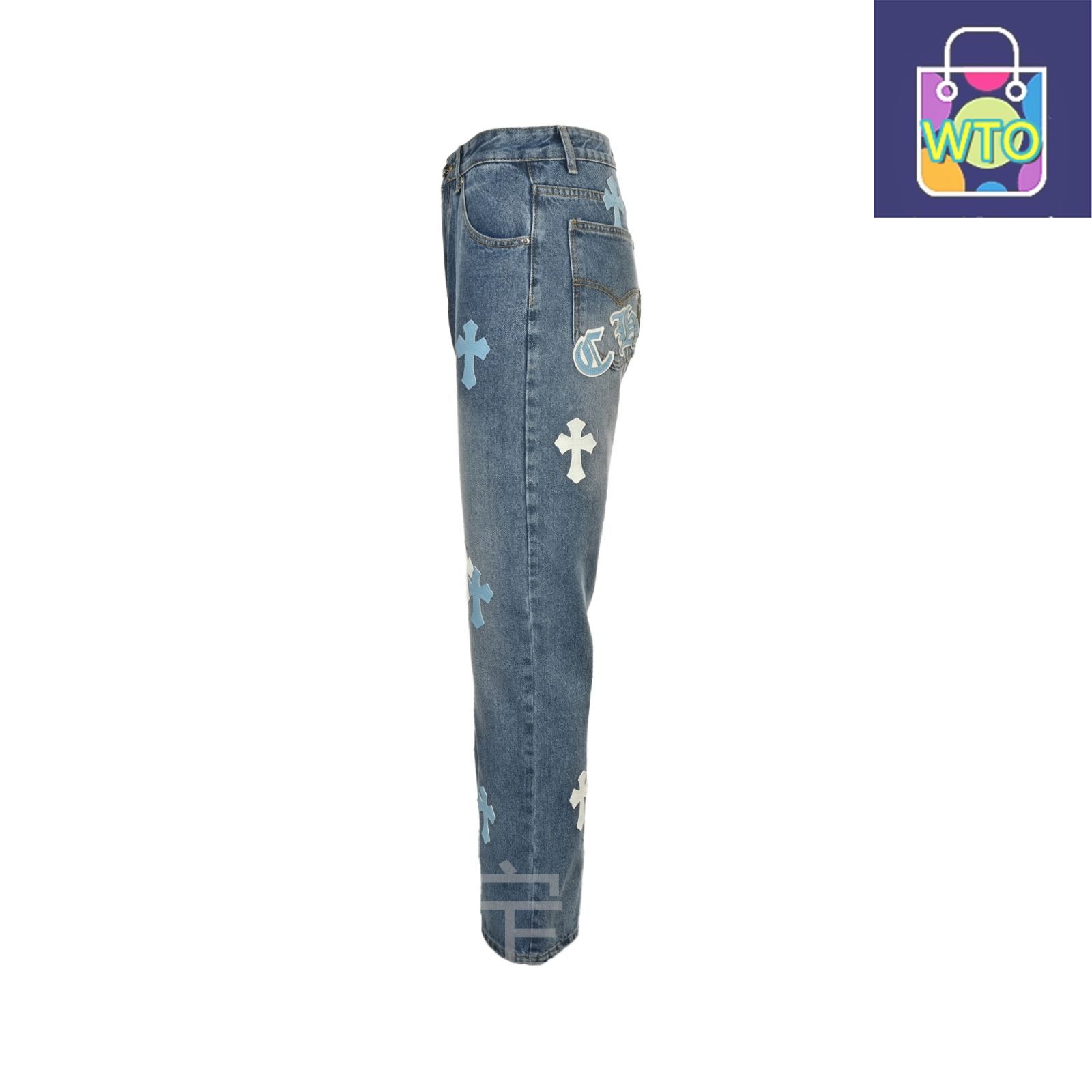 今日 Chrome Hearts クロムハーツ 背面サンスクリット十字レザーアップリケジーンズ ストレートシルエット