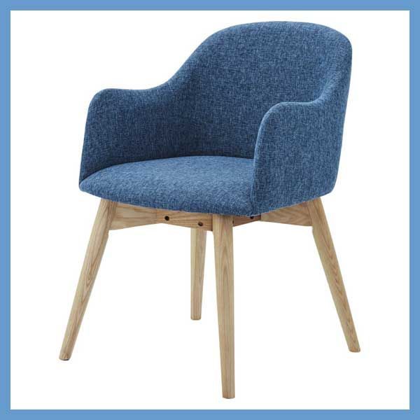 天然木 アッシュ のダイニングチェア 背もたれ 肘掛け一体型 W 50×D 55×H 73×SH 43 cm ファブリック座面 ナチュラル脚 No.010 ブルー