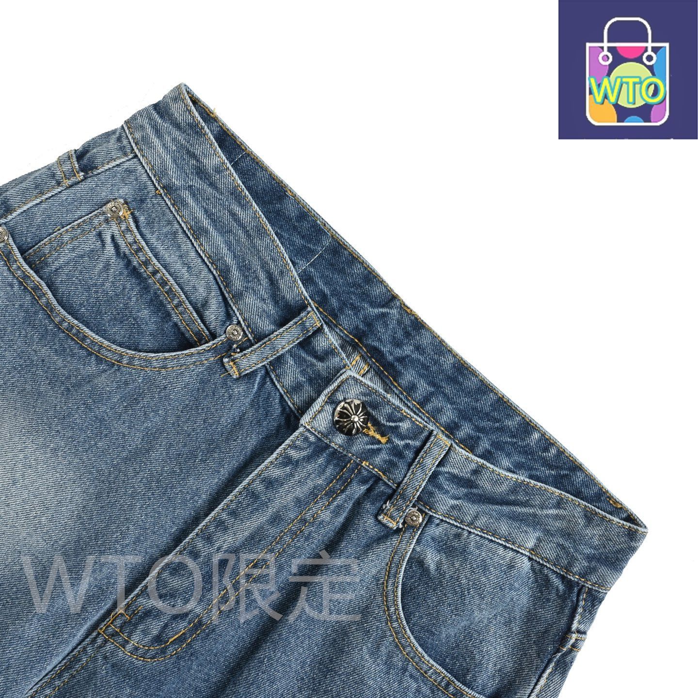 背面サンスクリット十字レザーアップリケジーンズ