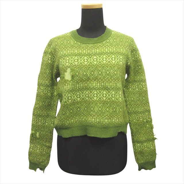 22ss メゾンマルジェラ 1 Maison Margiela 1 クロップド デストロイ ニット セーター 総柄 クルーネック ウール ダメージ加工 XS 緑 グリーン レディース