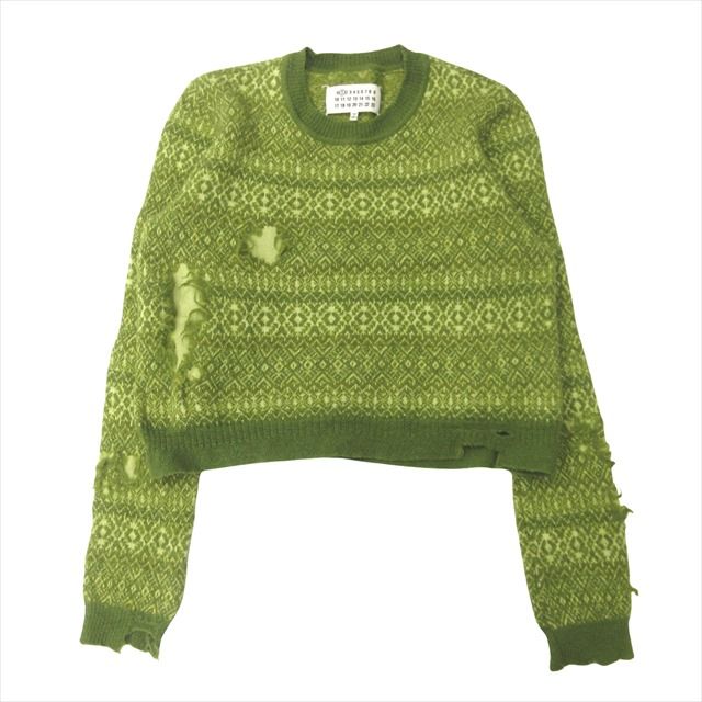 22ss メゾンマルジェラ 1 Maison Margiela 1 クロップド デストロイ ニット セーター 総柄 クルーネック ウール ダメージ加工 XS 緑 グリーン レディース