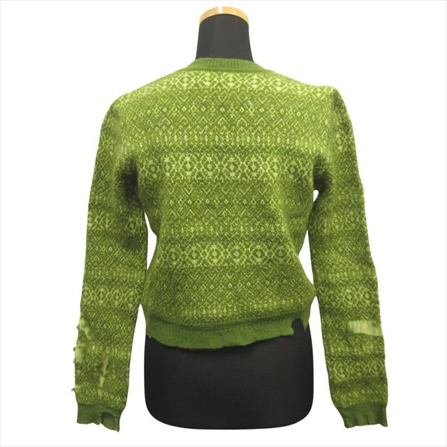  22 ss メゾンマルジェラ 1 Maison Margiela クロップド デストロイ ニット セーター 総柄 クルーネック ウール ダメージ加工 XS 緑 グリーン レディース ニット セーター トップス