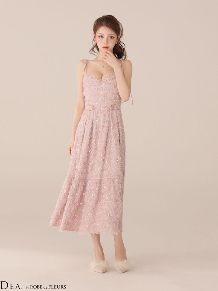 ピンクベージュ DE3485-PBE-2510 DEA. by ROBE de FLEURS ディアバイローブドフルール DEA. ディア スパンコール チュール フ ワンピース ミモレ丈 ミディアムドレス キャバドレス