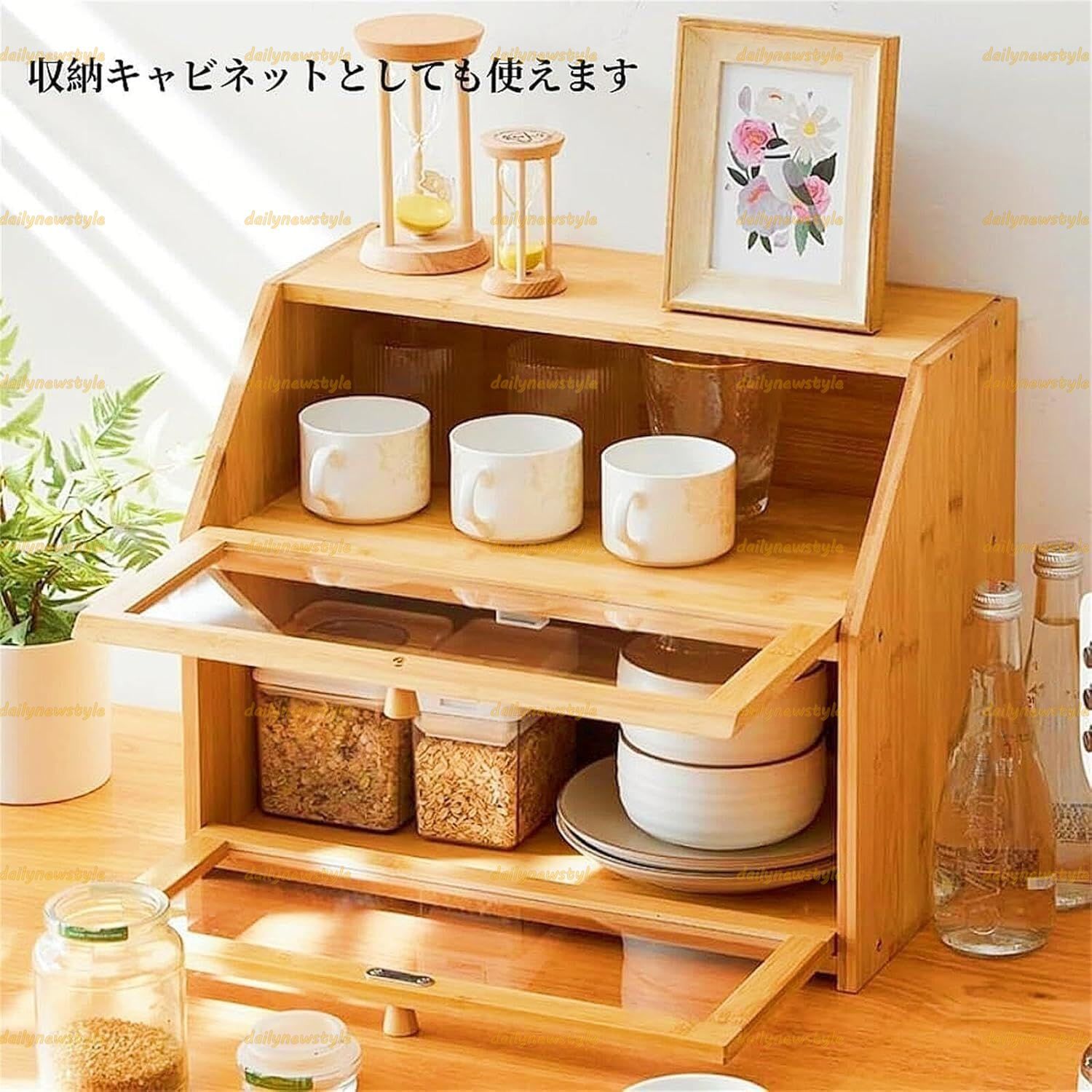 人気推薦 ブレッドボックス キッチン パン箱 2段式木製パン箱 透明窓と通気口付き パンを保管 ブレッドケース 大容量 食器棚 透明窓 カウンター上収納 卓上 収納キャビネット 調味料 雑穀 雑貨