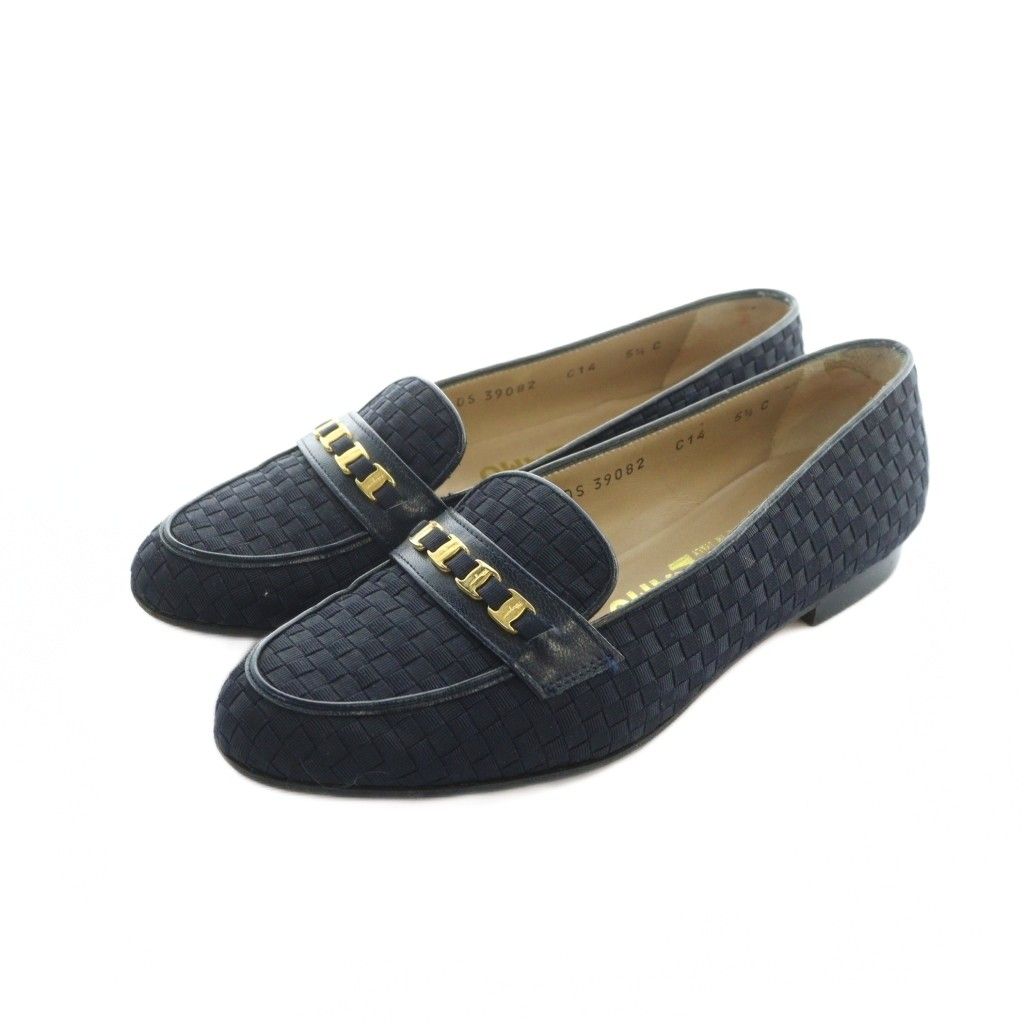 サルヴァトーレフェラガモ Salvatore Ferragamo ローファー モカシン ロゴ ラウンドトゥ 4連ヴァラ 5.5 23 cm 紺 ネイビー GY 18 MQ