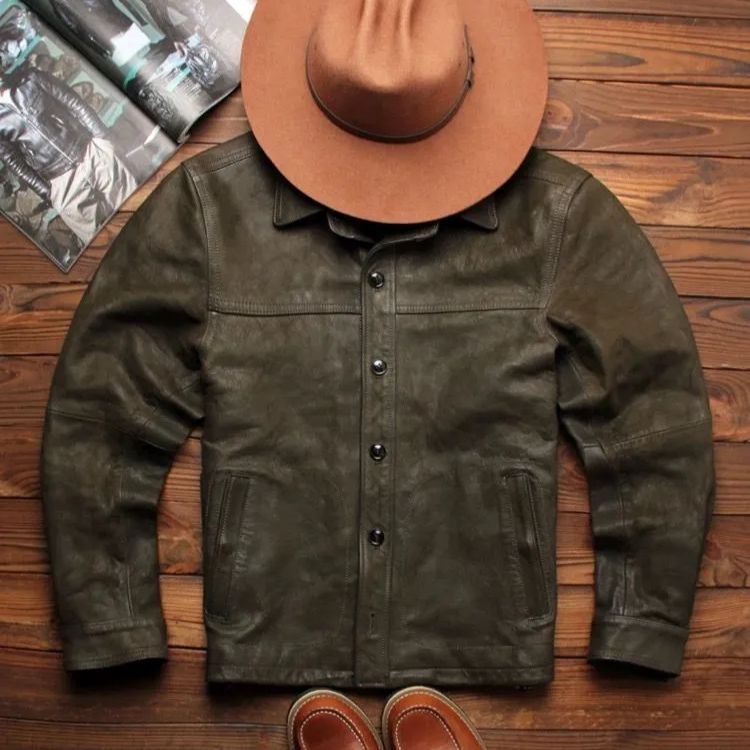 h 美式ヴィンテージ 墨緑ワックス染め 山羊革レザージャケット メンズ 本革アウター フルグレインゴートスキン ハンティング×ワーク アメカジ 秋冬