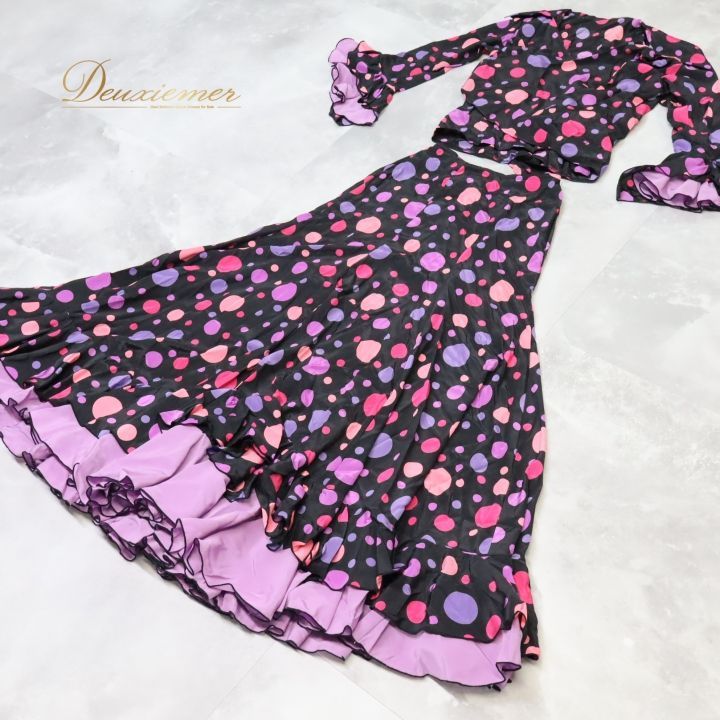 Manzanillaフラメンコ衣装⚫︎黒地紫花柄ツーピース Manzanilla