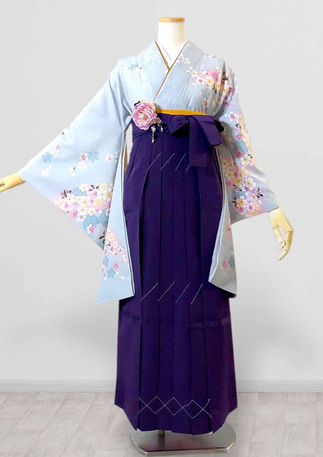 着物 袴 帯 3点セット 卒業式 に レディース袴セット 成人式 卒業式に 華やか和装 水色 青系 紫 花柄 桜 菊 地紋 95 41