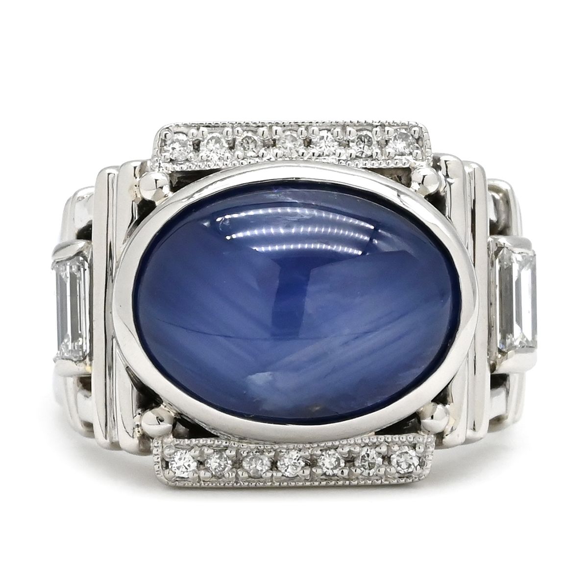 リング 指輪 スターサファイア ダイヤリング Pt 900 サファイア ダイヤモンド プラチナシルバー 青 カボションカット 14号