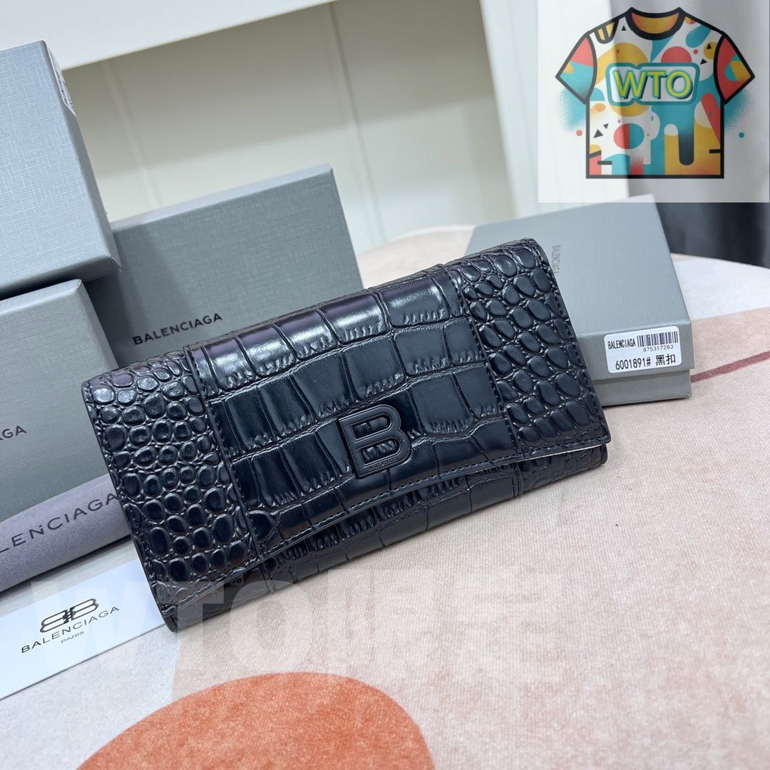 WTO通販 Balenciaga ラージウォレット クロコダイルエンボス加工 ブラック 大容量で実用的なデザイン -WTO輸入-XVK87