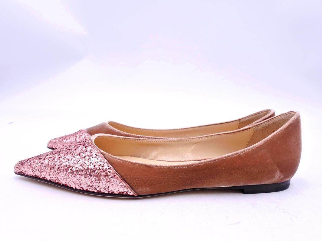 Jimmy Choo ジミーチュウ LOVE FLAT グリッター ベロア フラット パンプス size 35 22.5ｃｍくらい ピンクｘ茶 レディース