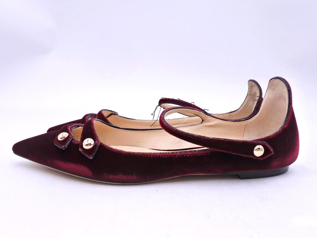 Jimmy Choo ジミーチュウ ベロア アンクルストラップ フラット パンプス size 37 23 cmくらい ボルドー レディース