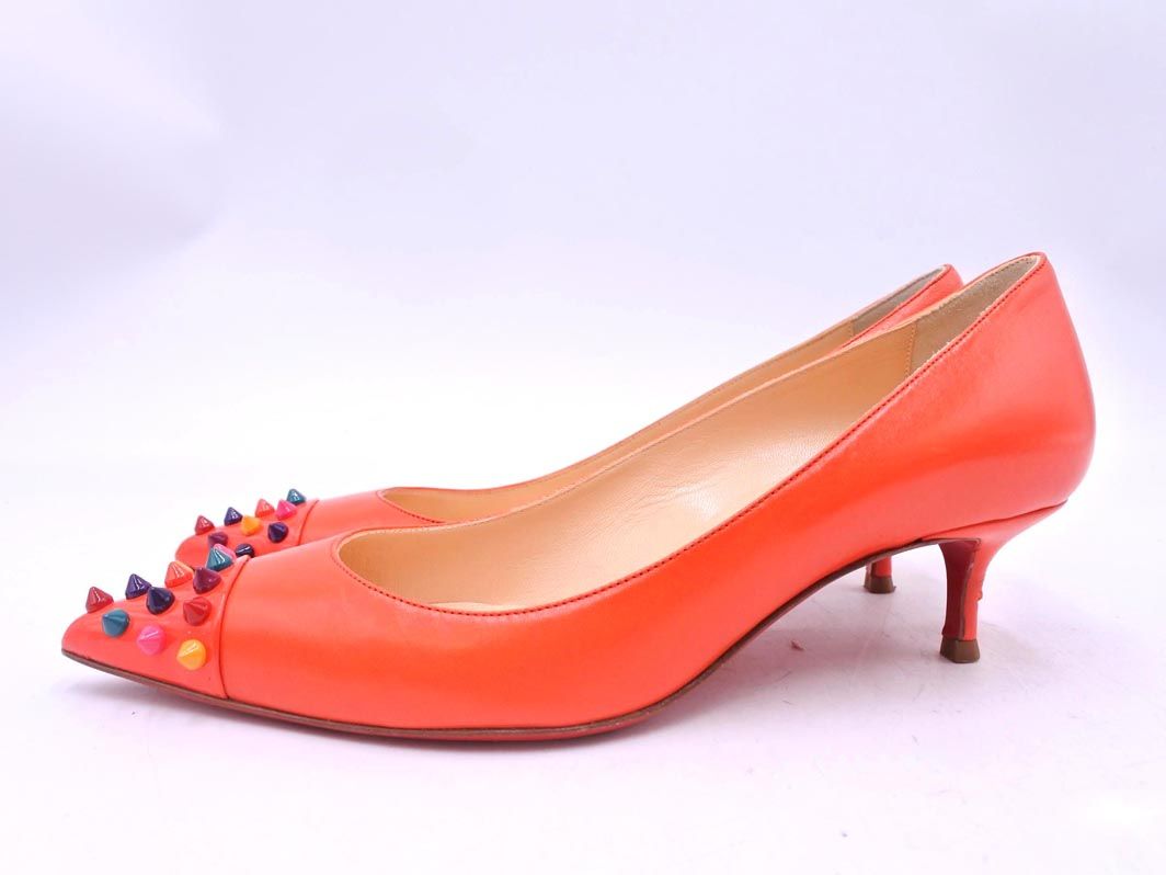 クリスチャンルブタン レザー カラフルスタッズ パンプス size 37.5 23..5ｃｍくらい オレンジ レディース