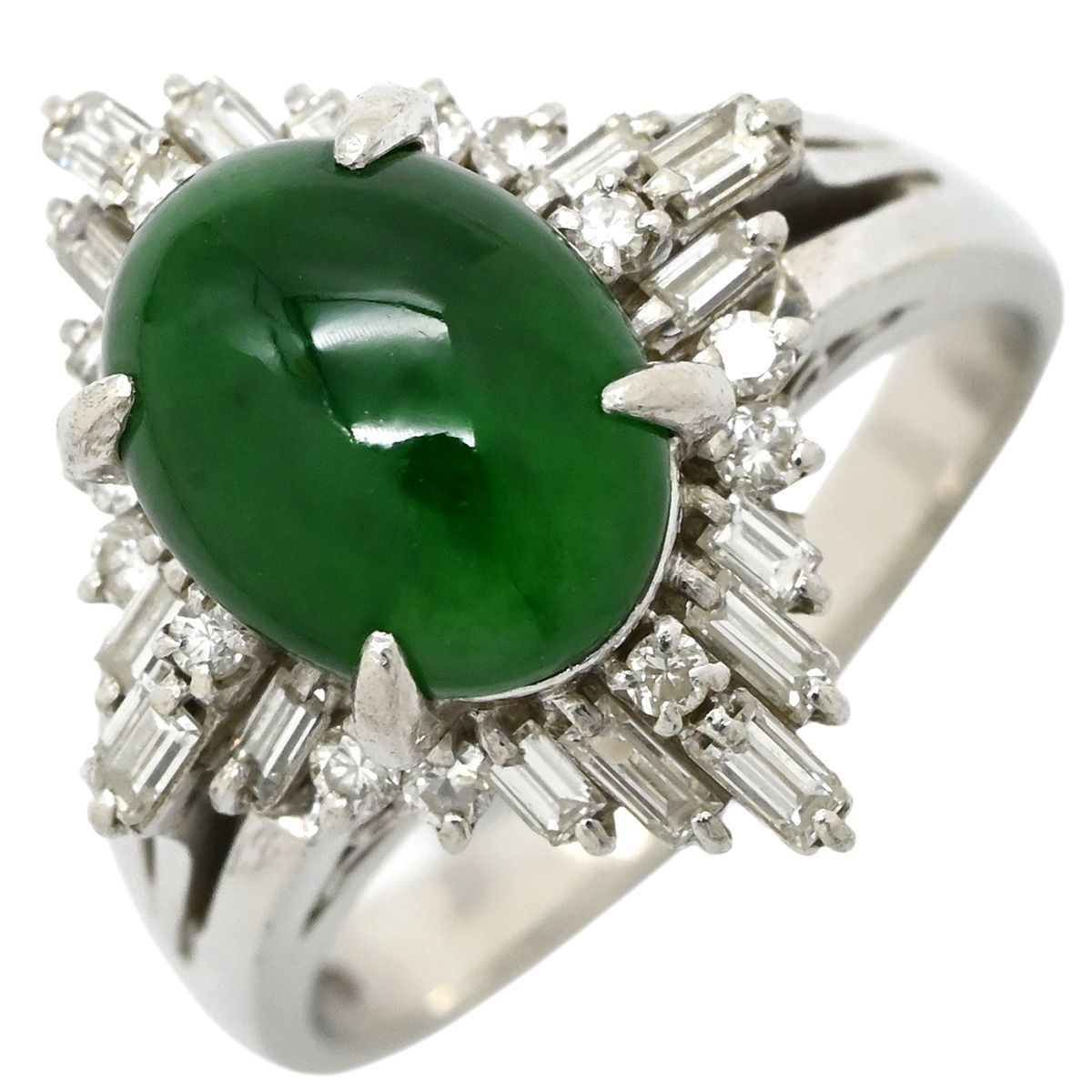 リング 指輪 ヒスイ ダイヤリング Pt 900 ダイヤモンド プラチナシルバー 翡翠 グリーン カボションカット 13 5号