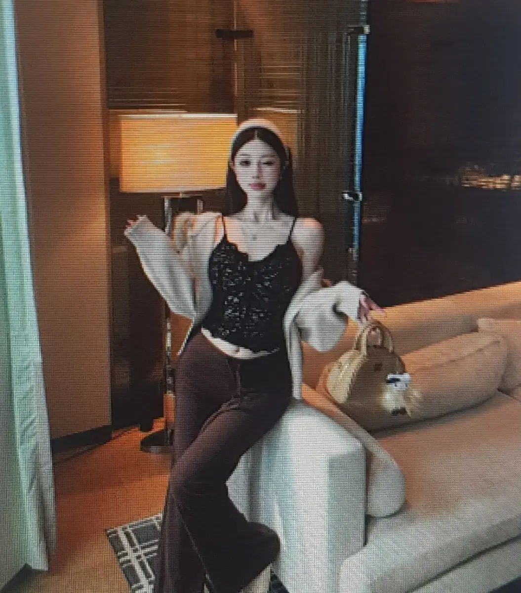 海外配送 レーススリーブレス トップス ファー セーター ブラウン パンツ セット