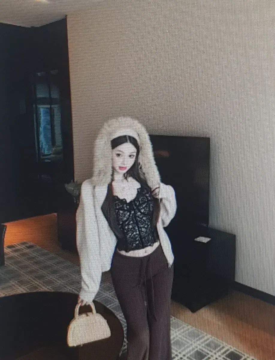 海外配送 レーススリーブレス トップス ファー セーター ブラウン パンツ セット