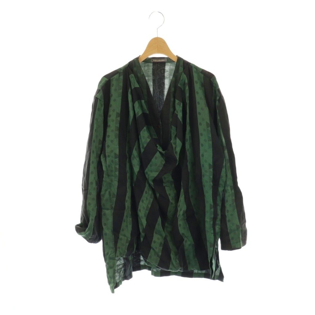 イッセイミヤケ ISSEY MIYAKE 筆タグ ストライプ 変形 長袖 カットソー 総柄 9 グリーン ブラック HK OS