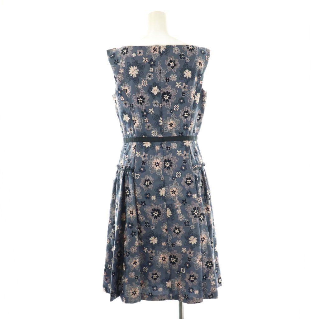 トッカ TOCCA フラワーエンブロイダリーウエストリボンノースリーブワンピース 膝丈 0 青 ブルー AT OS