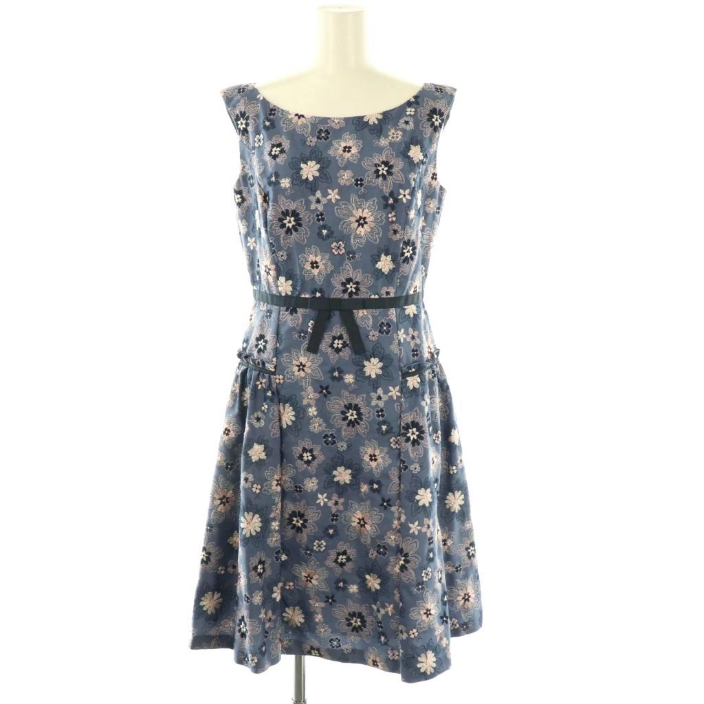 トッカ TOCCA フラワーエンブロイダリーウエストリボンノースリーブワンピース 膝丈 0 青 ブルー AT OS