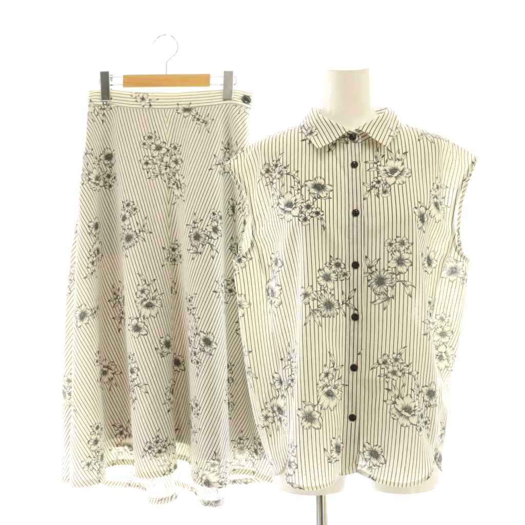 イエナ IENA ストライプフラワー セットアップ シャツ フ スカート ロング 36 オフホワイト ブラック DF OS