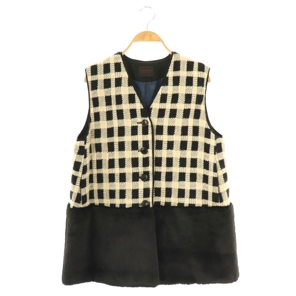 トゥモローランド TOMORROWLAND collection タッターシェパードファーペプラムジレ Vネック 36 ブラック アイボリー DO OS