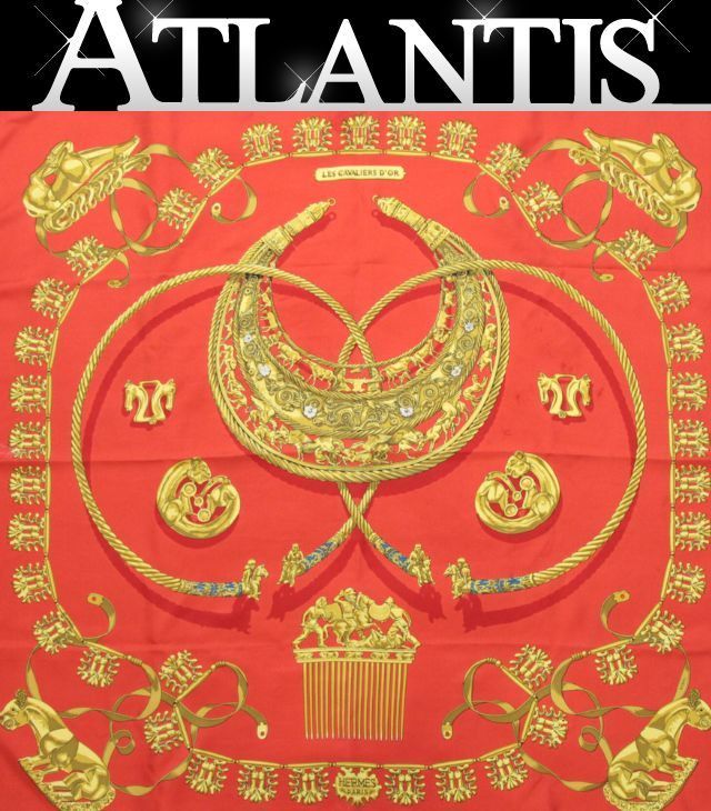 エルメス HERMES カレ90 LES CAVALIERS D OR 黄金の騎士 シルク100％ 赤 72268