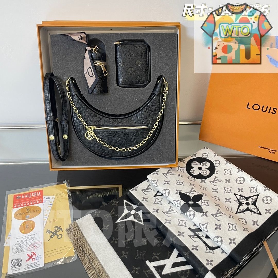 TOP New 高品質3点セット - Lv ブラックエンボスムーンバッグ スカーフ 財布 化粧ポーチ 特別割引