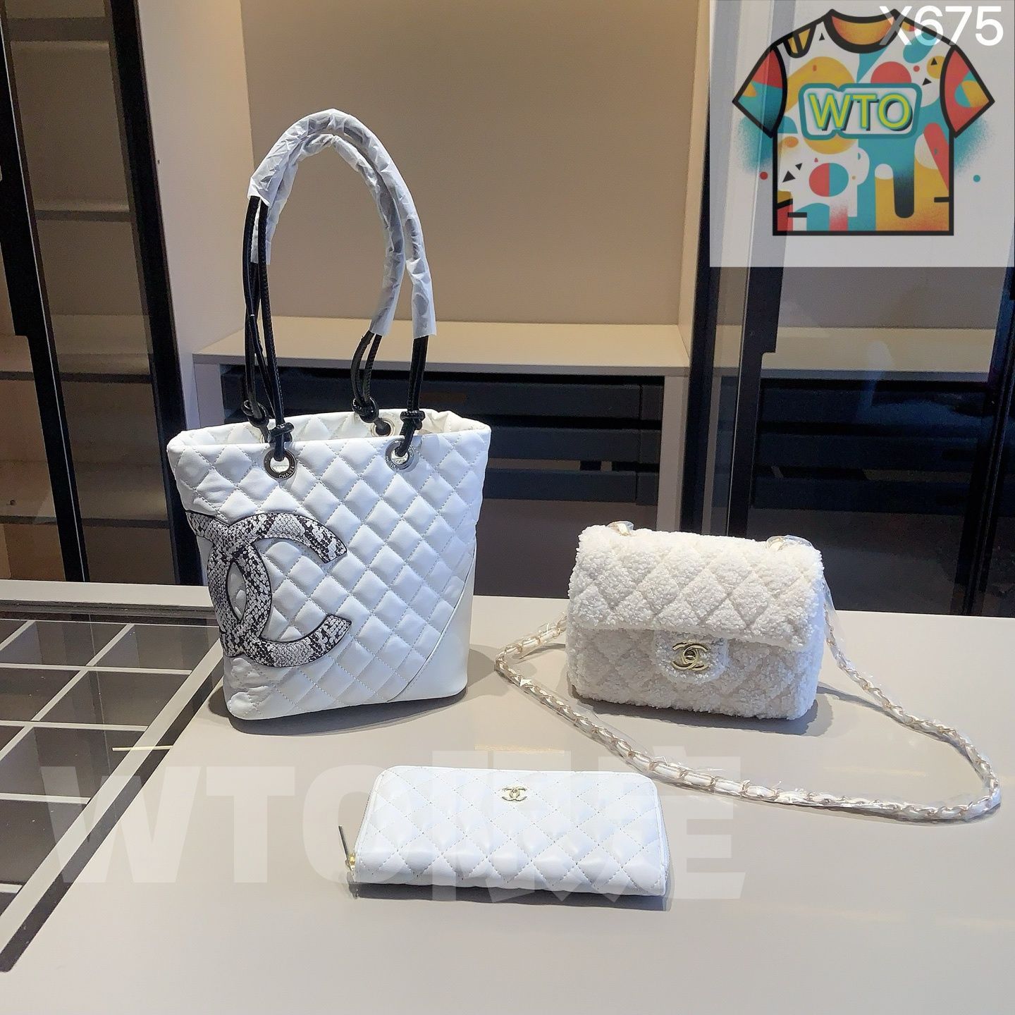 WTO通販 Chanel X675 3点セット トートバッグ&スクエアバッグ&ウォレット ホワイト 超 なセット -WTO輸入-BZW25