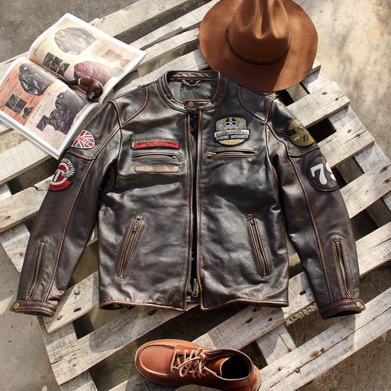 h 春秋 美式ヴィンテージ アメカジ 本革レザージャケット メンズ 無塗装頭層牛革 立ち襟ライダースジャケット 短丈デザイン 真皮アウター カジュアル&モードスタイル