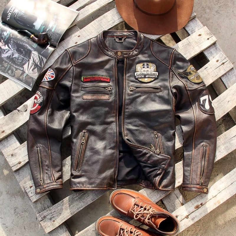h 春秋 美式ヴィンテージ アメカジ 本革レザージャケット メンズ 無塗装頭層牛革 立ち襟ライダースジャケット 短丈デザイン 真皮アウター カジュアル&モードスタイル