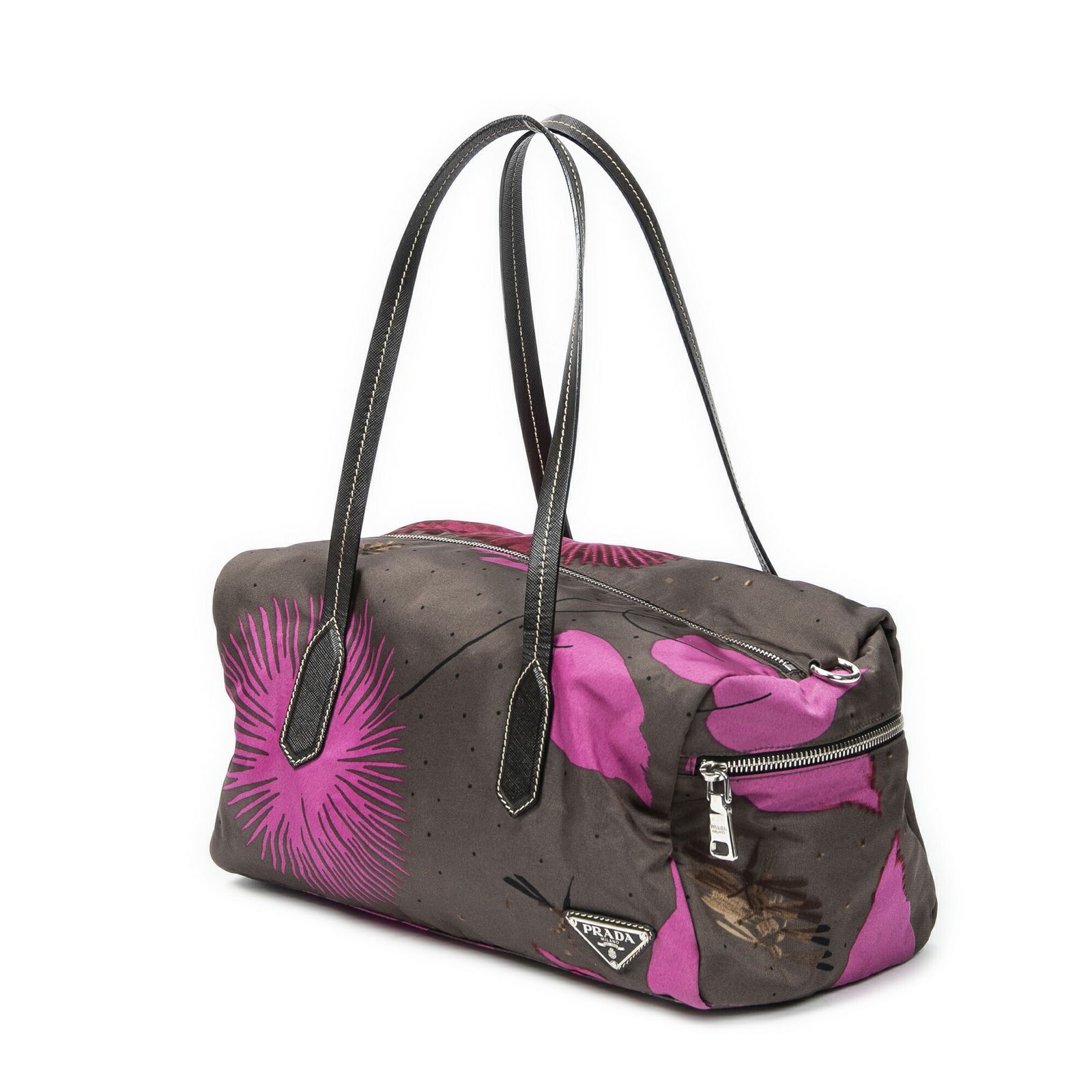 PRADA プラダジップボストングレー ピンクナイロンスタンパートキャンバスA