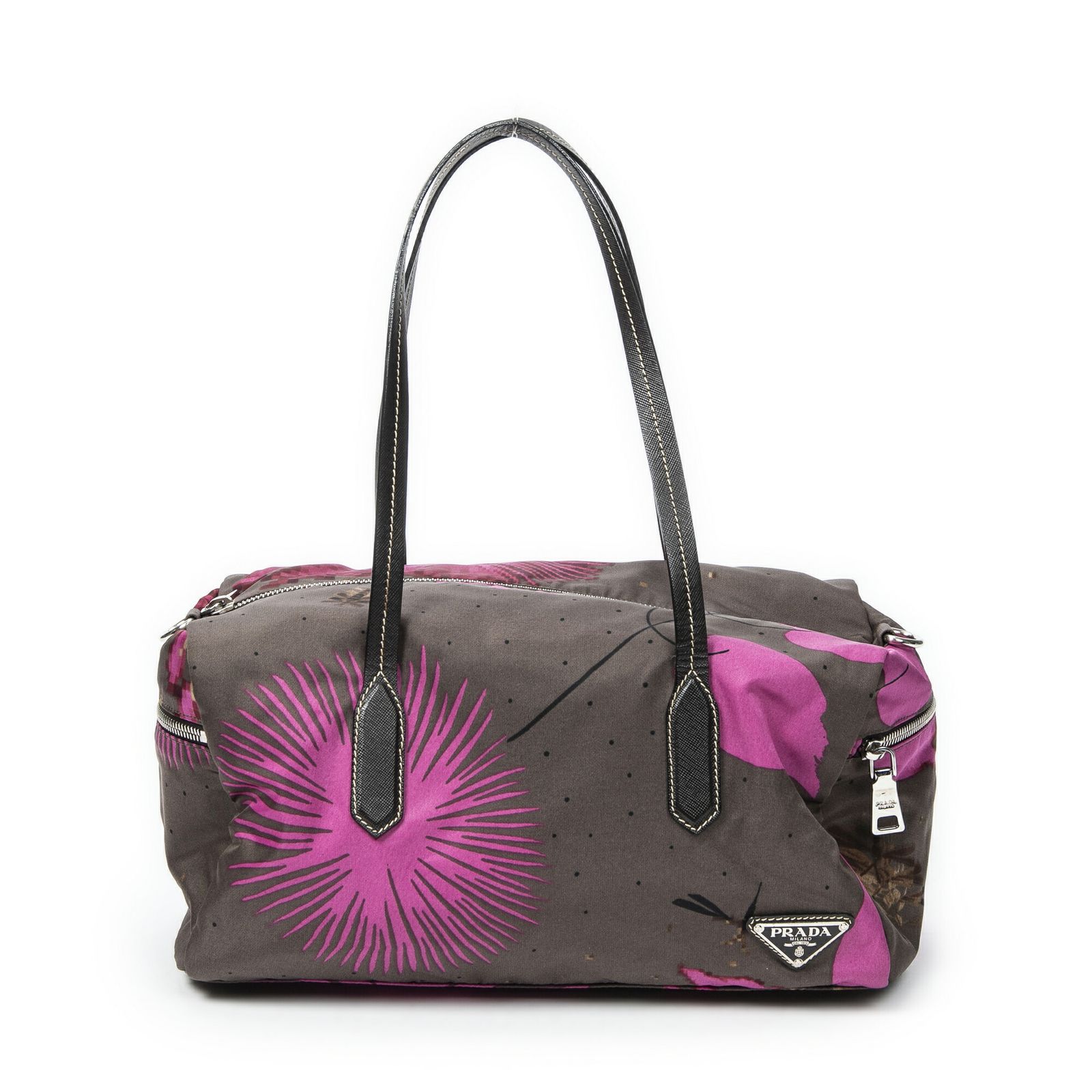 PRADA プラダジップボストングレー ピンクナイロンスタンパートキャンバスA