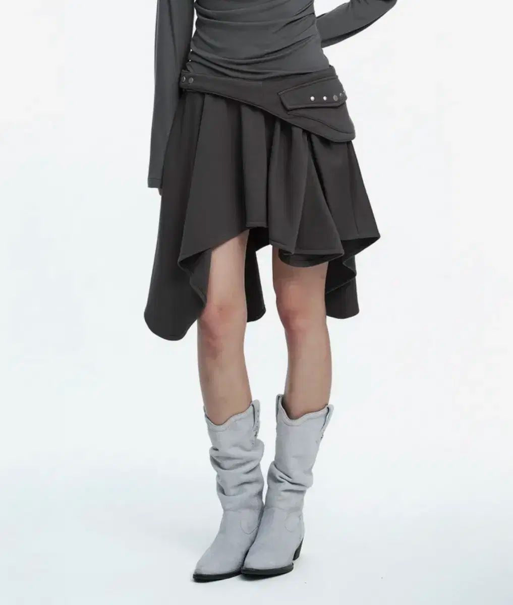 ラフネック ベルト付き ポケット ドレープ スカート グレー