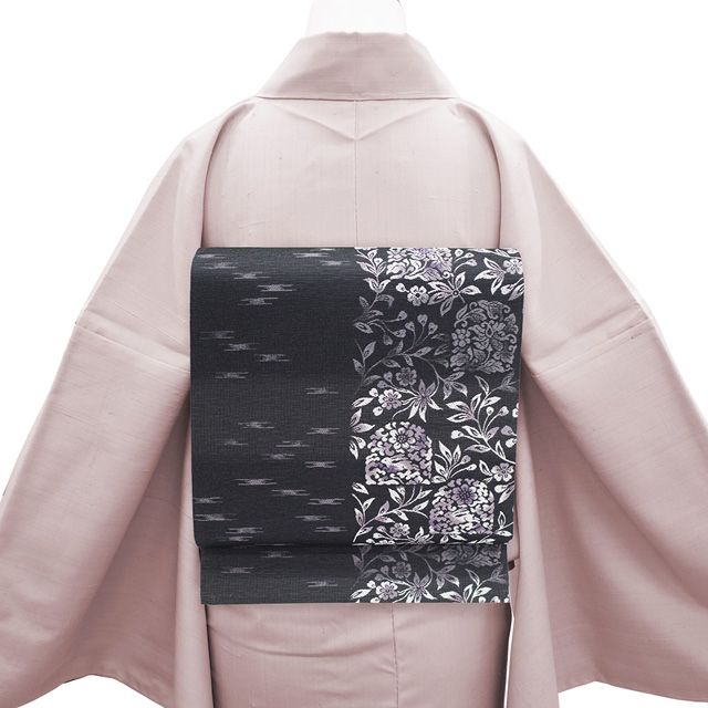 袋帯 正絹 京都 西陣 吉村織物 備長炭染 ぬれぬき 透綾羅 濃グレー 灰紫 花兎 花唐草 霞 カジュアル 春 秋 冬 上 仕立て上がり みやがわ sb 54726