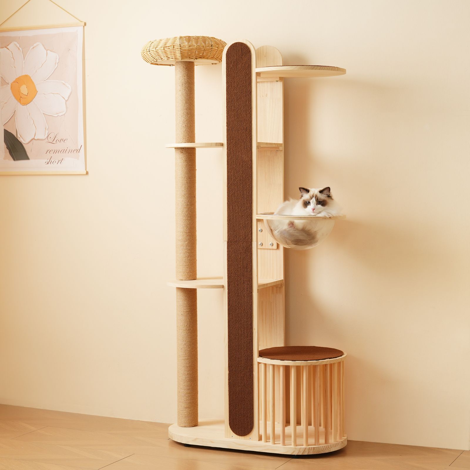 スリム型キャットタワー 高さ 173 5 cm 木製据え置き 爪とぎポール付き 上り下りしやすい おしゃれ 子猫～大型猫対応 ペット用品 安定性優れ 耐久性良好