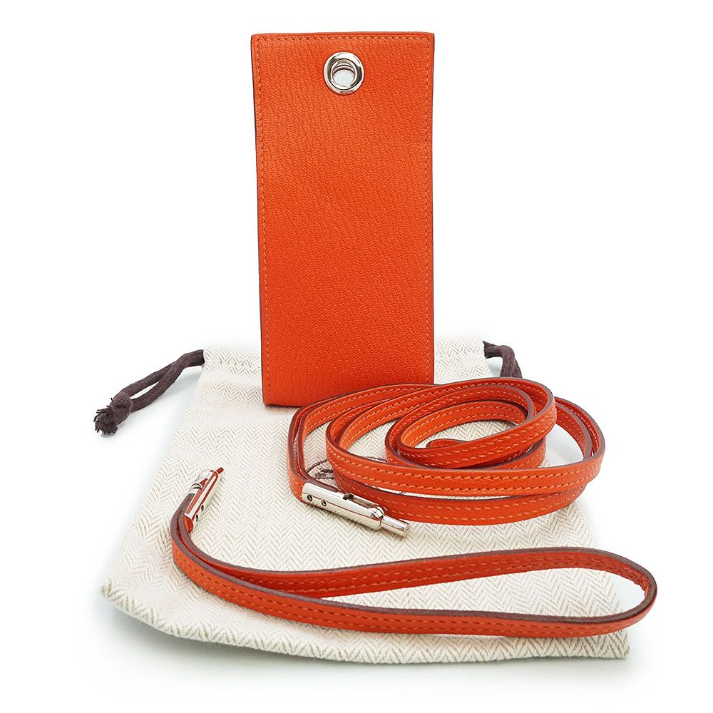 エルメス ヴェスパ ネックストラップ シガレットケース マルチケース iCOSケース ポーチ 2WAY ショルダー 斜め掛け シェブル シェーブルミゾール レザー オレンジポピー シルバー金具 H刻印 HERMES