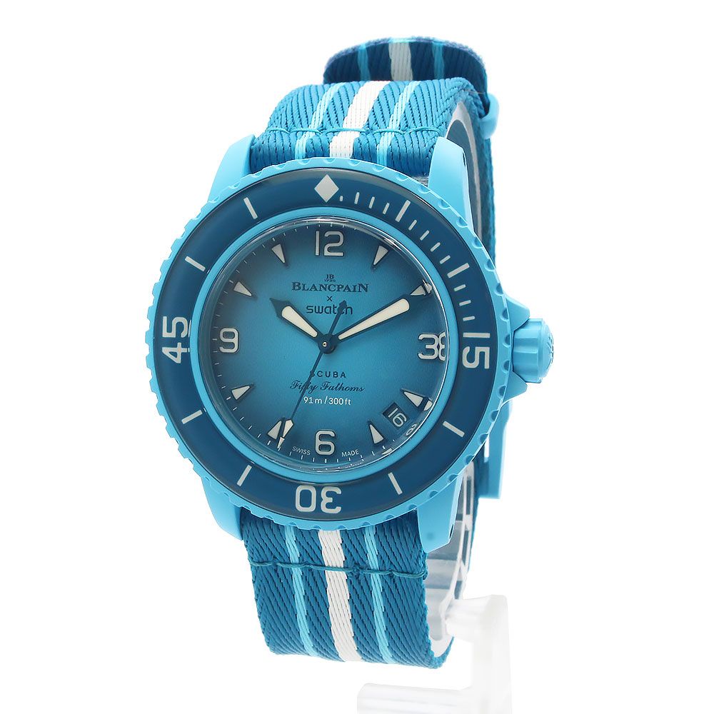 ブランパン スウォッチ Swatch スクーバ フィフティファゾムス ブルーラグーン FIFTY FATHOMS BLUE LAGOON 自動巻き 腕時計 ナイロン バイオセラミック ターコイズブルー SO35L400 Blancpain
